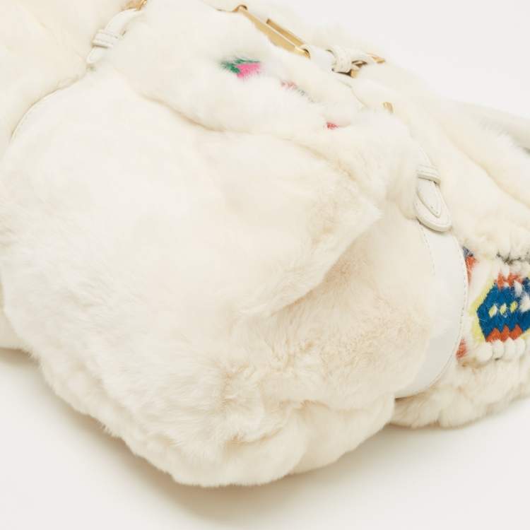 Pre Owned Jimmy Choo White Embroidered Rabbit Fur and Leather Tulita Hobo