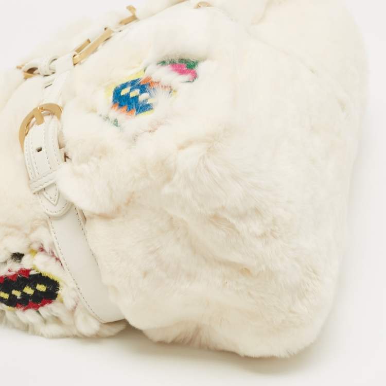 Pre Owned Jimmy Choo White Embroidered Rabbit Fur and Leather Tulita Hobo