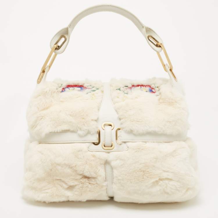 Pre Owned Jimmy Choo White Embroidered Rabbit Fur and Leather Tulita Hobo