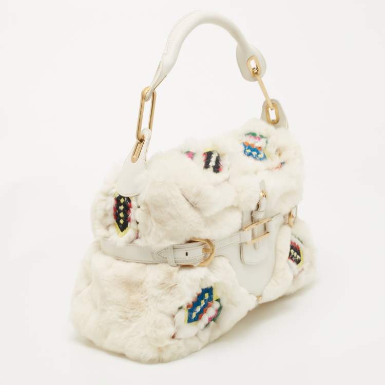 Pre Owned Jimmy Choo White Embroidered Rabbit Fur and Leather Tulita Hobo
