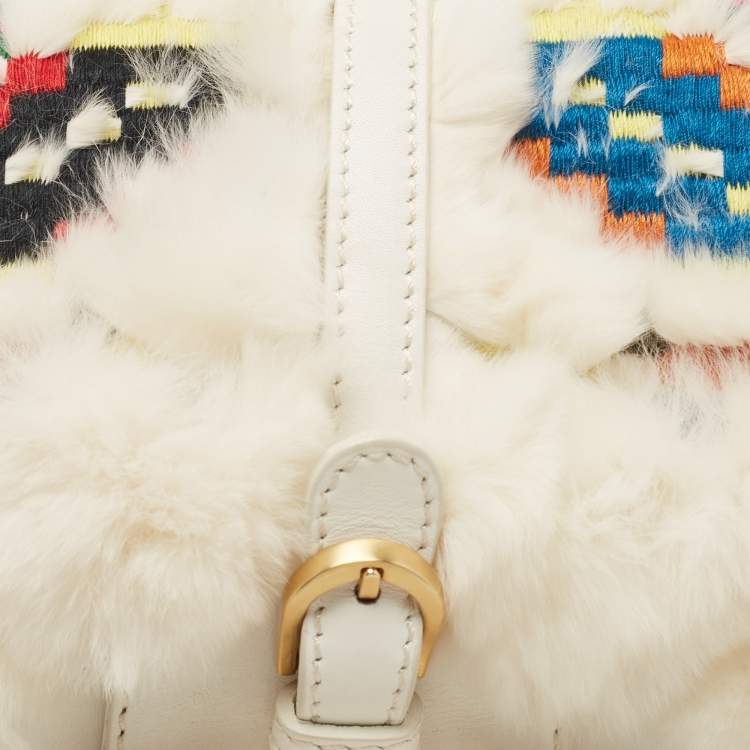 Pre Owned Jimmy Choo White Embroidered Rabbit Fur and Leather Tulita Hobo
