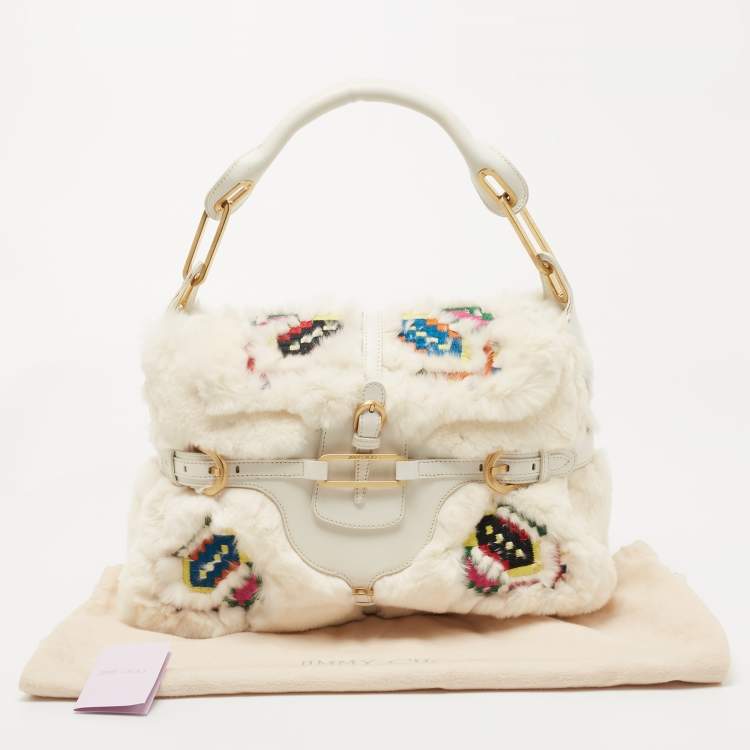 Pre Owned Jimmy Choo White Embroidered Rabbit Fur and Leather Tulita Hobo