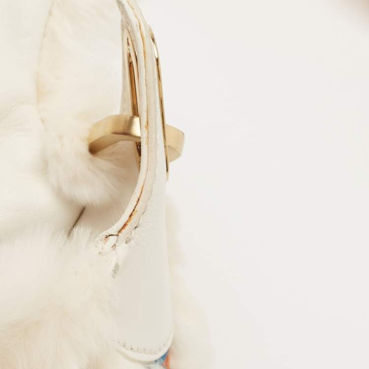 Pre Owned Jimmy Choo White Embroidered Rabbit Fur and Leather Tulita Hobo