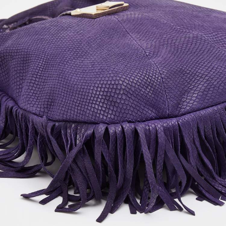 Pre Owned Jimmy Choo Purple Python Effect Leather Fringe Hobo