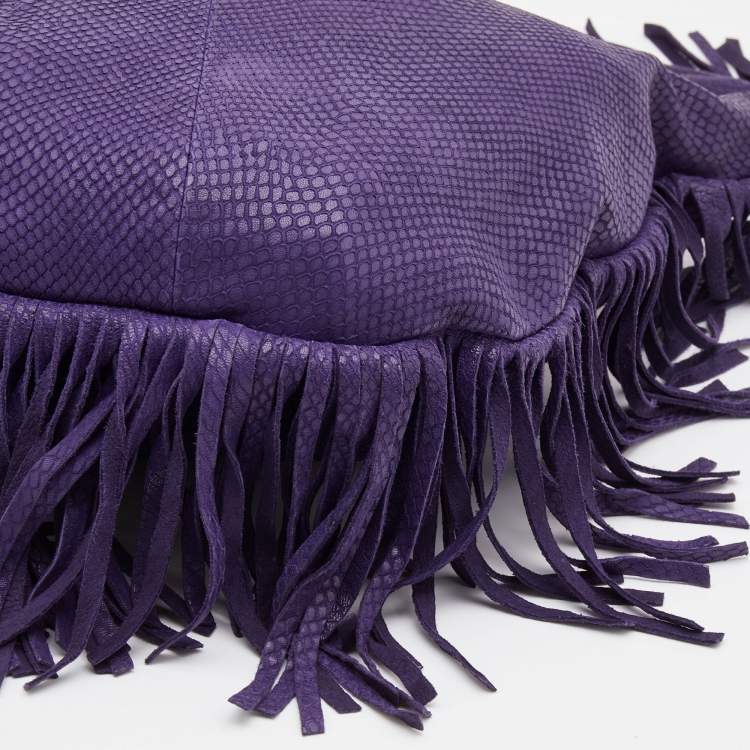 Pre Owned Jimmy Choo Purple Python Effect Leather Fringe Hobo