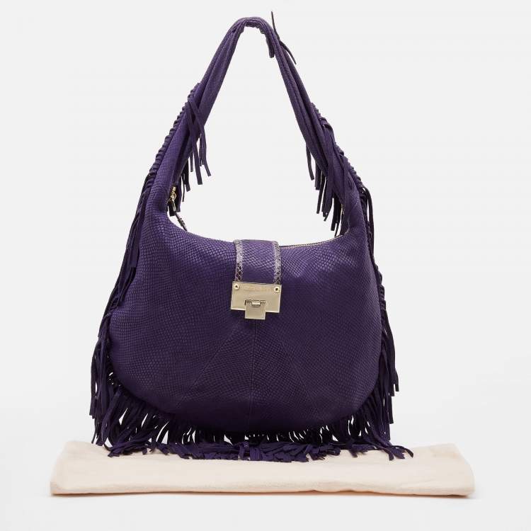 Pre Owned Jimmy Choo Purple Python Effect Leather Fringe Hobo