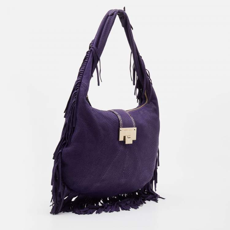 Pre Owned Jimmy Choo Purple Python Effect Leather Fringe Hobo
