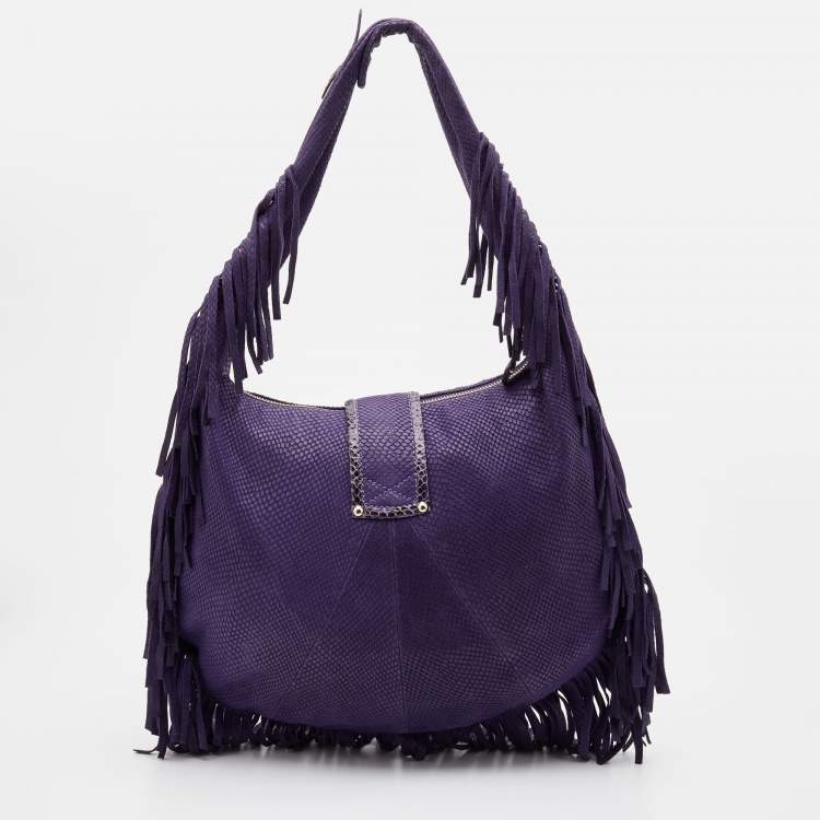 Pre Owned Jimmy Choo Purple Python Effect Leather Fringe Hobo