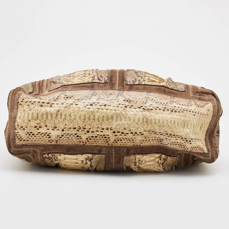 مملوكة مسبقًا Jimmy Choo Cream/Brown Python and Suede Saba Hobo