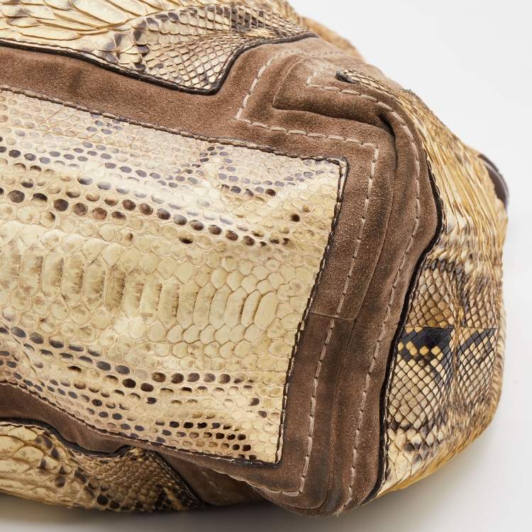 مملوكة مسبقًا Jimmy Choo Cream/Brown Python and Suede Saba Hobo