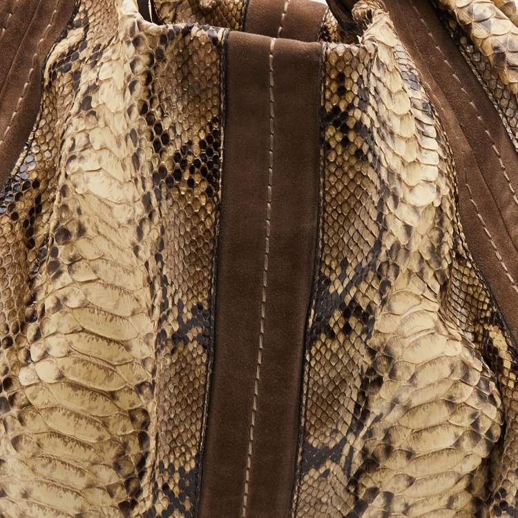 مملوكة مسبقًا Jimmy Choo Cream/Brown Python and Suede Saba Hobo