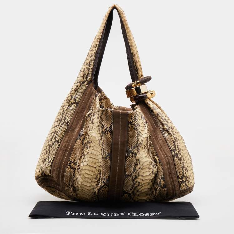 مملوكة مسبقًا Jimmy Choo Cream/Brown Python and Suede Saba Hobo