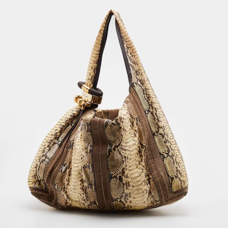 مملوكة مسبقًا Jimmy Choo Cream/Brown Python and Suede Saba Hobo