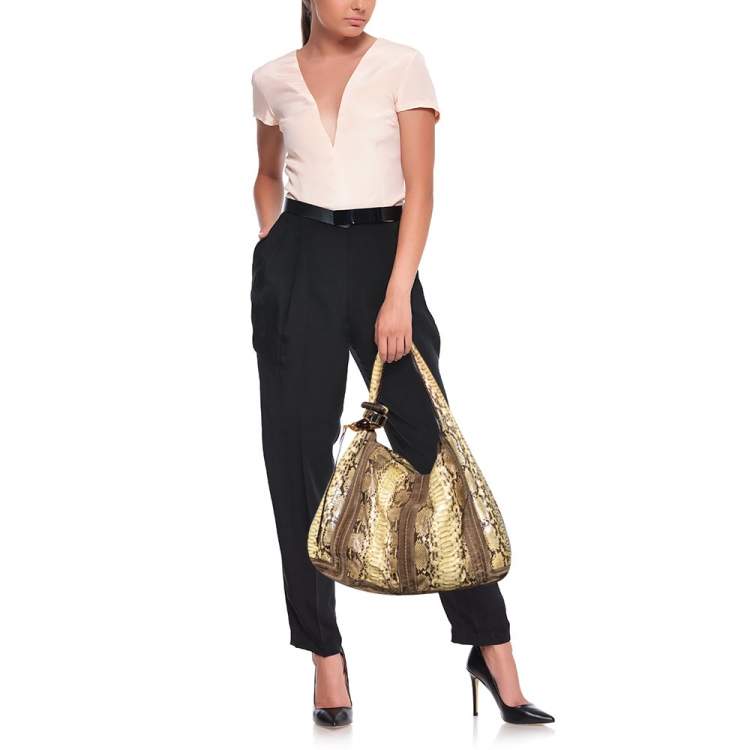 مملوكة مسبقًا Jimmy Choo Cream/Brown Python and Suede Saba Hobo