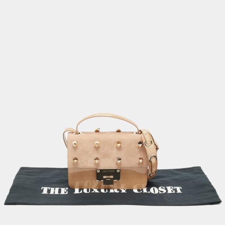Pre Owned Jimmy Choo Beige Studded Patent Leather and Suede Top Handle Bag