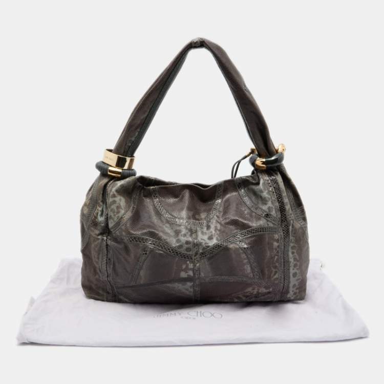 Pre Owned Jimmy Choo Dark Brown/Grey Karung and Watersnake Leather Saba Hobo