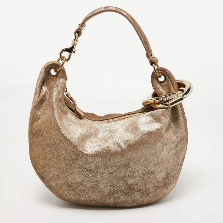 Pre Owned Jimmy Choo Metallic Beige Suede Solar Hobo