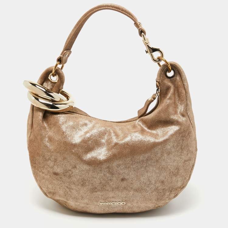 Pre Owned Jimmy Choo Metallic Beige Suede Solar Hobo