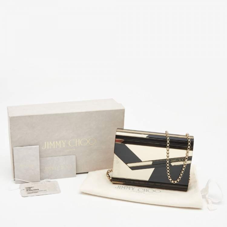 Pre Owned Jimmy Choo Black/Gold Graphic Mirror Patchwork Acrylic and Suede Candy Chain Clutch