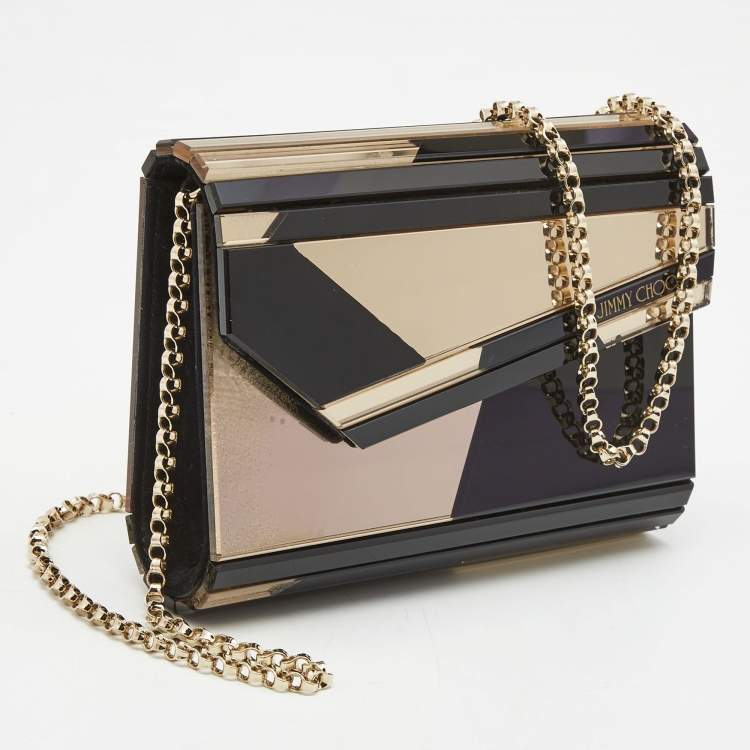 Pre Owned Jimmy Choo Black/Gold Graphic Mirror Patchwork Acrylic and Suede Candy Chain Clutch
