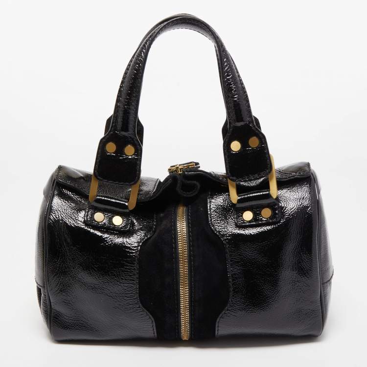 Pre Owned Jimmy Choo Black Patent Leather and Suede Marla Satchel