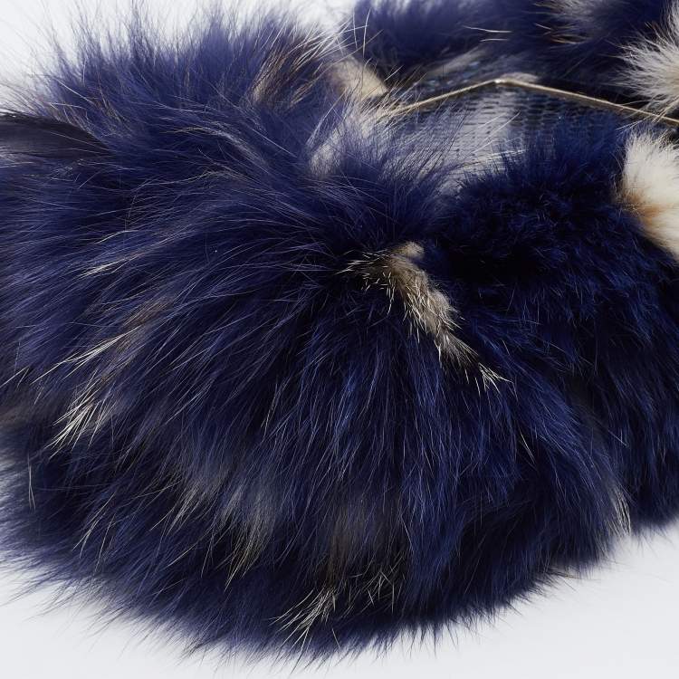 Pre Owned Jimmy Choo Blue Feathered Fox Fur and Python Ava Crossbody Bag