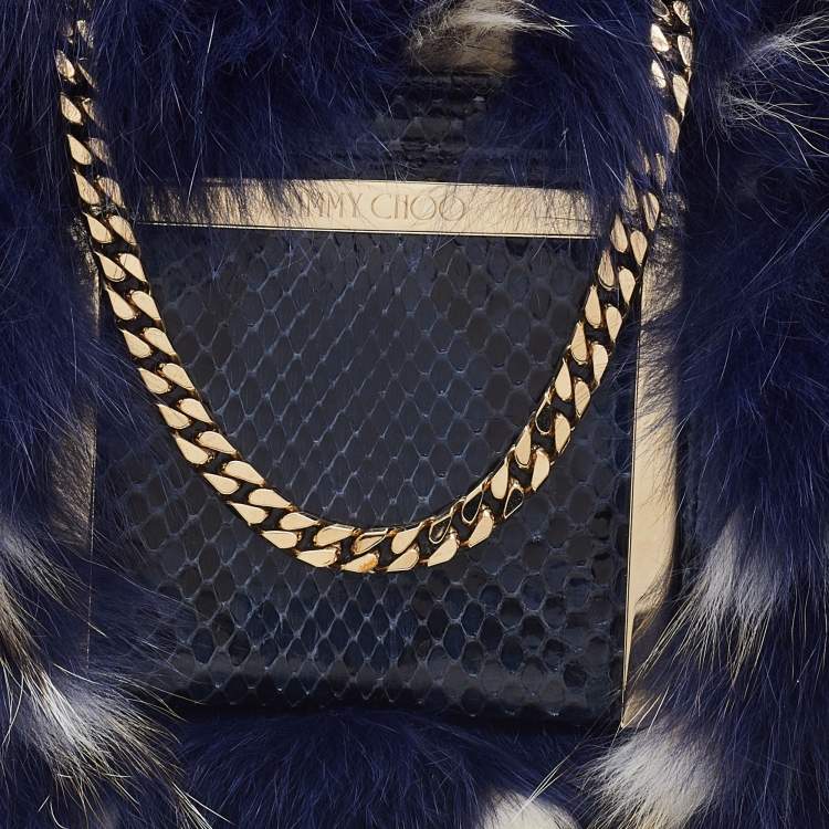 Pre Owned Jimmy Choo Blue Feathered Fox Fur and Python Ava Crossbody Bag