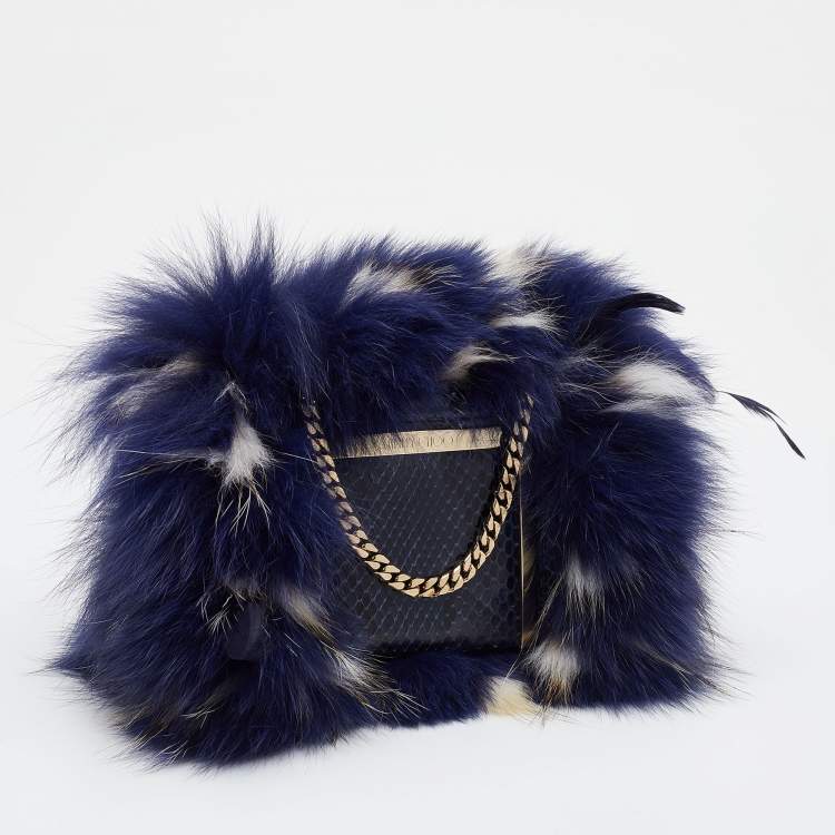 Pre Owned Jimmy Choo Blue Feathered Fox Fur and Python Ava Crossbody Bag
