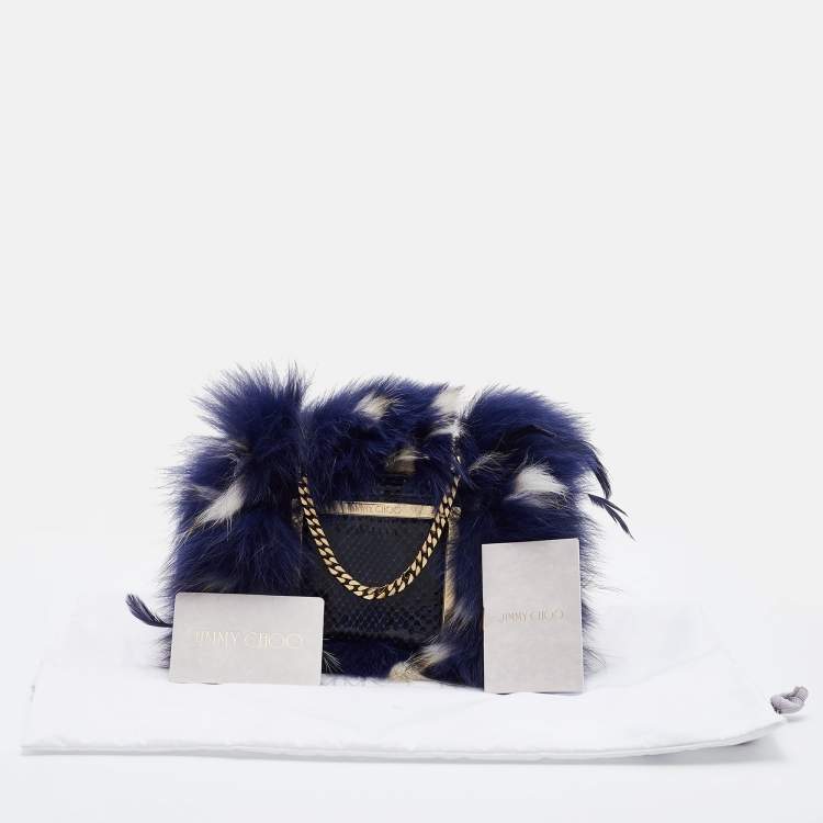 Pre Owned Jimmy Choo Blue Feathered Fox Fur and Python Ava Crossbody Bag