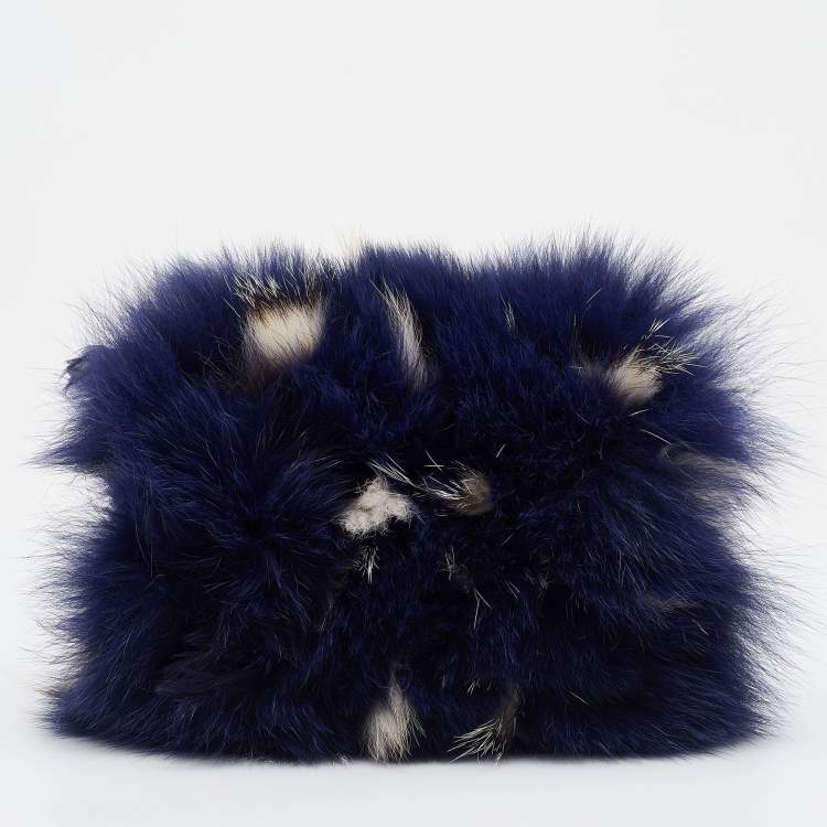 Pre Owned Jimmy Choo Blue Feathered Fox Fur and Python Ava Crossbody Bag