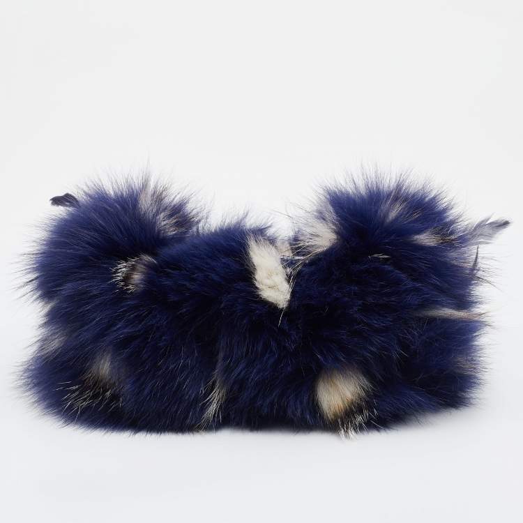Pre Owned Jimmy Choo Blue Feathered Fox Fur and Python Ava Crossbody Bag