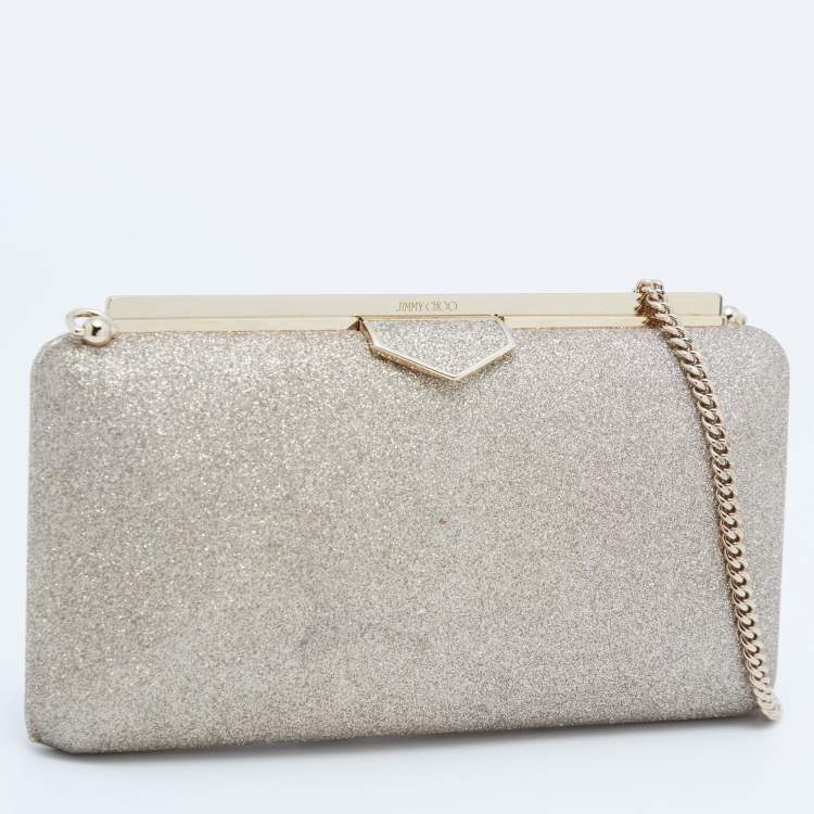 Pre Owned Jimmy Choo Gold Glitter Ellipse Chain Clutch
