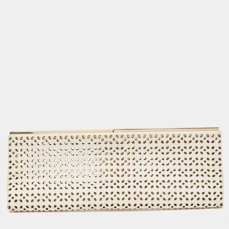 Pre Owned Jimmy Choo Off White Lasercut Leather Frame Long Clutch