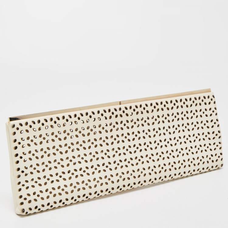 Pre Owned Jimmy Choo Off White Lasercut Leather Frame Long Clutch