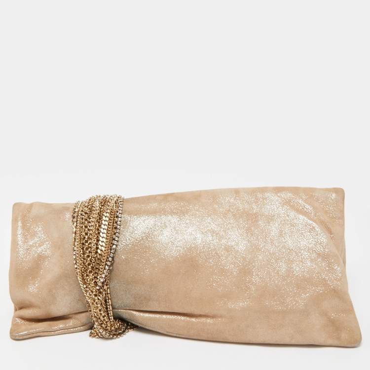 Pre Owned Jimmy Choo Beige Shimmering Suede Chandra Clutch