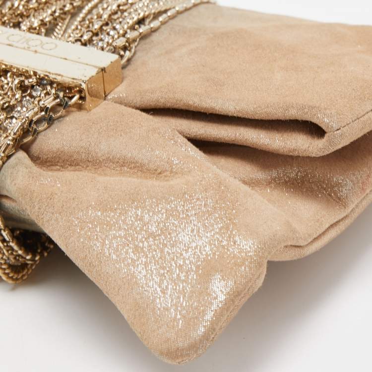 Pre Owned Jimmy Choo Beige Shimmering Suede Chandra Clutch