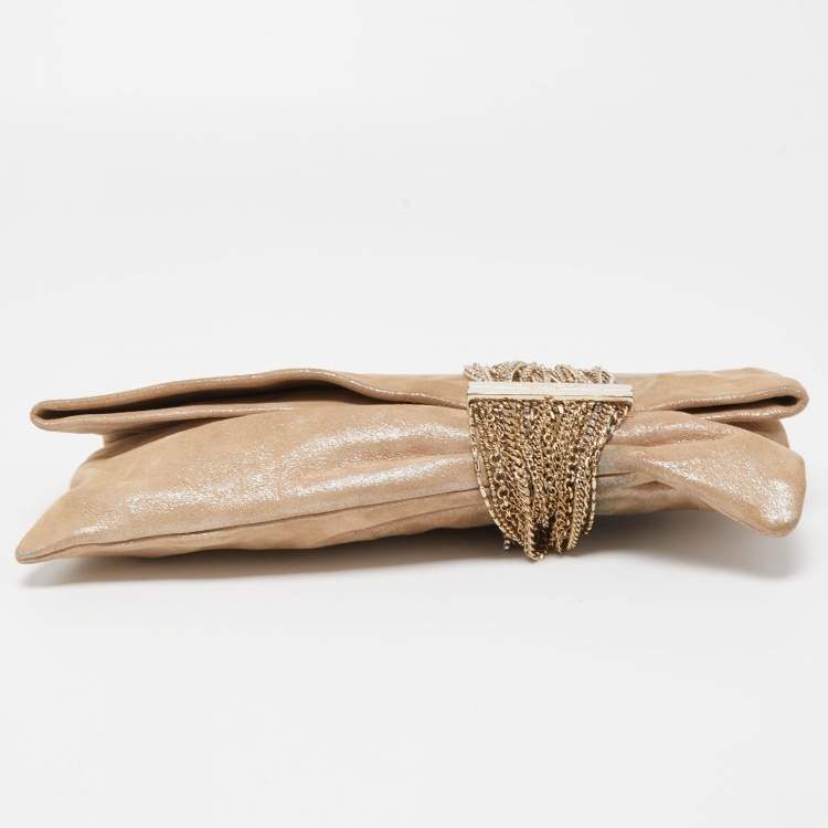 Pre Owned Jimmy Choo Beige Shimmering Suede Chandra Clutch