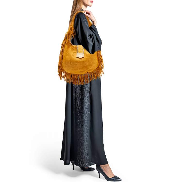 Pre Owned Jimmy Choo Yellow Python Effect Leather Fringed  Hobo