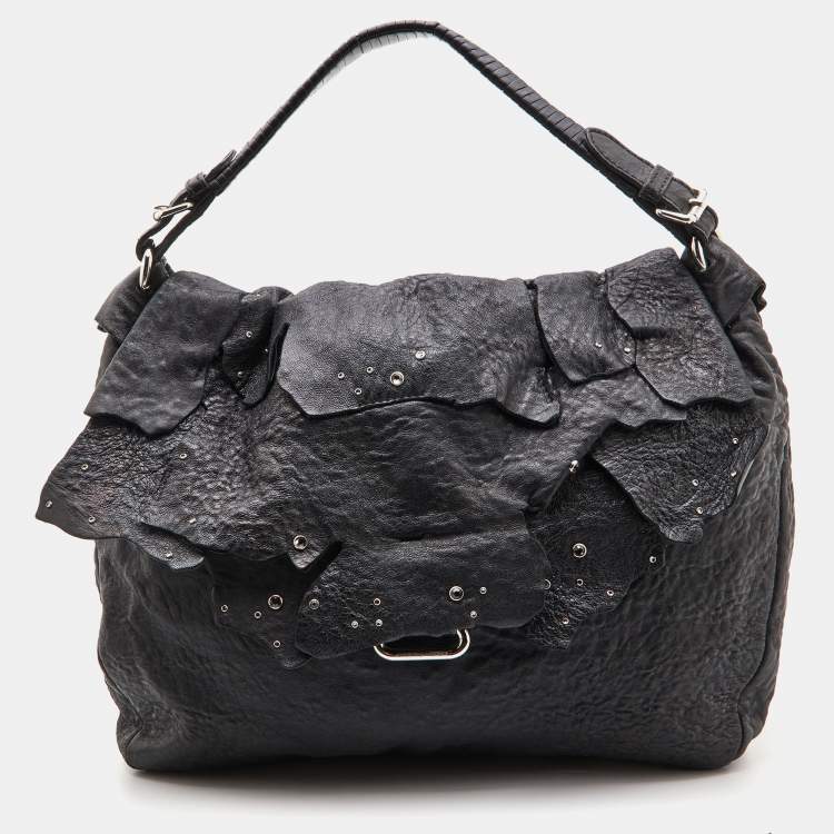 Pre Owned Jimmy Choo Black Textured Leather Embellished Flap Shoulder Bag