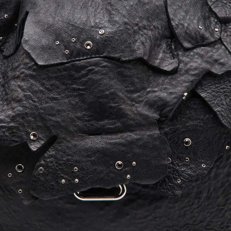 Pre Owned Jimmy Choo Black Textured Leather Embellished Flap Shoulder Bag