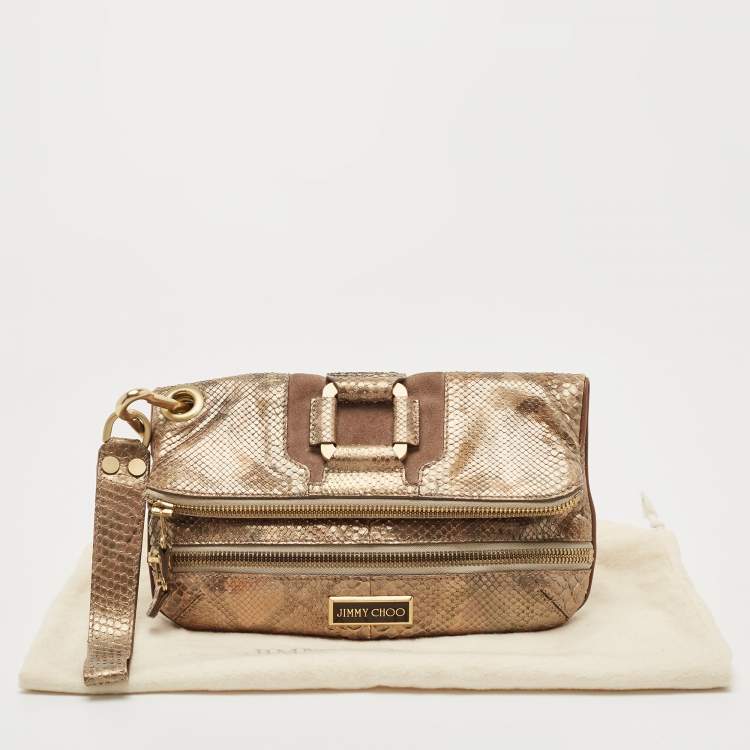 مملوكة مسبقًا Jimmy Choo Gold/Grey Python Leather Mave Foldover Clutch