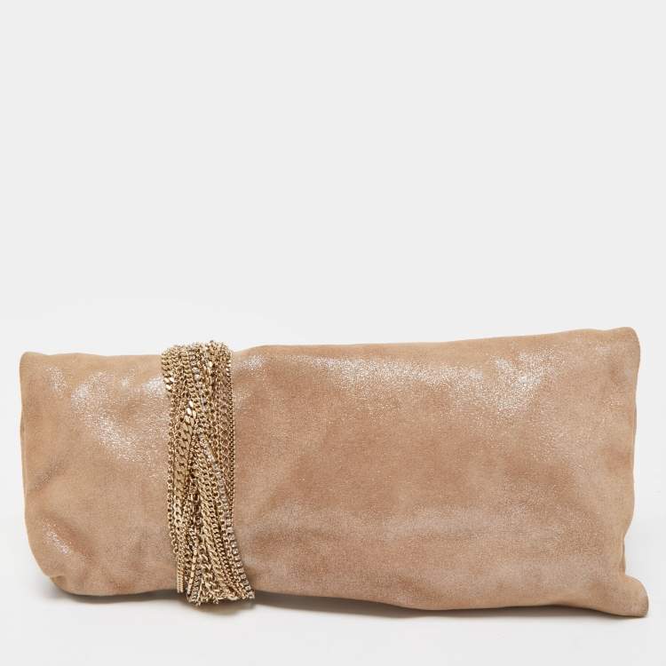 Pre Owned Jimmy Choo Beige Shimmering Suede Chandra Clutch