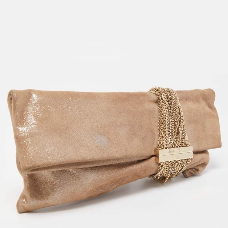 Pre Owned Jimmy Choo Beige Shimmering Suede Chandra Clutch