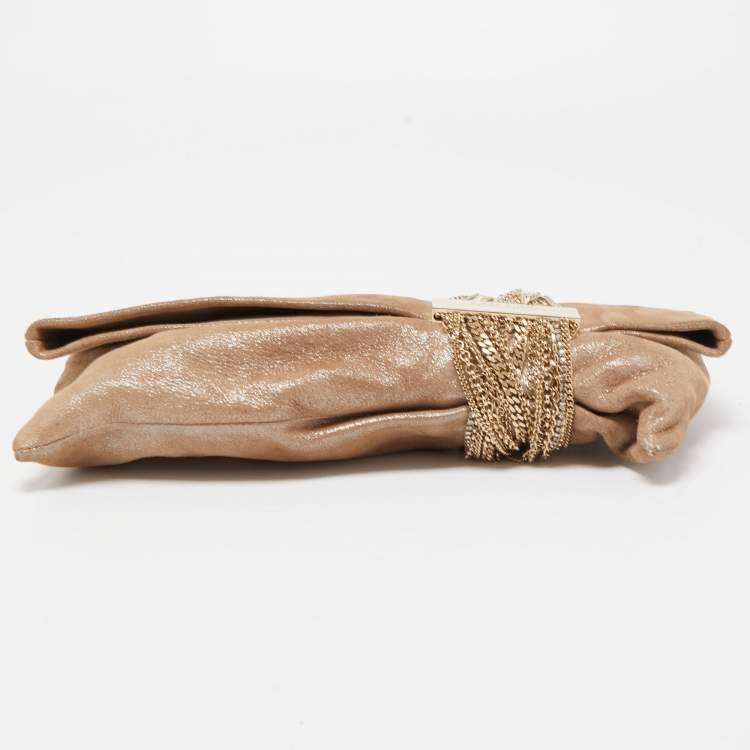 Pre Owned Jimmy Choo Beige Shimmering Suede Chandra Clutch
