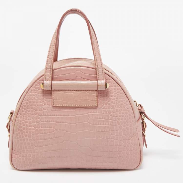 Pre Owned Jimmy Choo Pink Croc Embossed Leather Small Varenne Bowler Bag