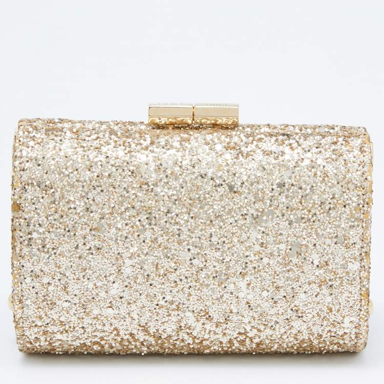 Pre Owned Jimmy Choo Gold Glitter Mini Twill Tube Clutch 