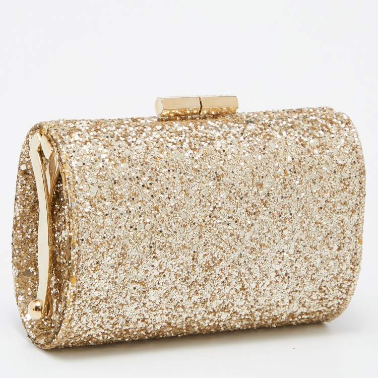 Pre Owned Jimmy Choo Gold Glitter Mini Twill Tube Clutch 
