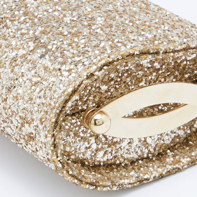 Pre Owned Jimmy Choo Gold Glitter Mini Twill Tube Clutch 