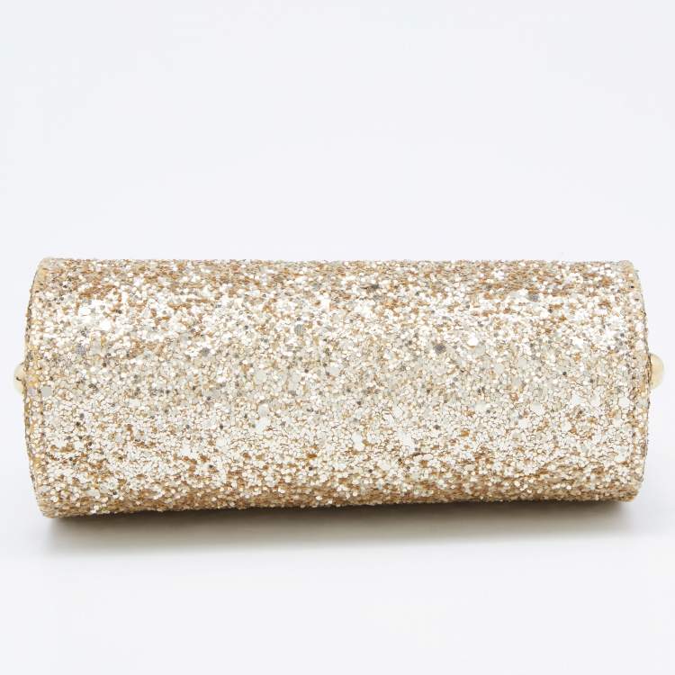 Pre Owned Jimmy Choo Gold Glitter Mini Twill Tube Clutch 