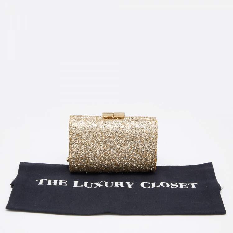 Pre Owned Jimmy Choo Gold Glitter Mini Twill Tube Clutch 